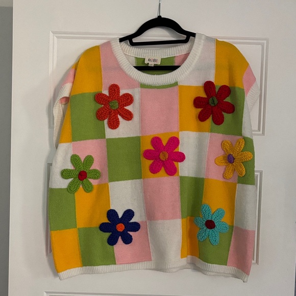 BiBi Sweaters - BiBi Checkerboard Crewneck Sweater in White, Pink, Yellow, Green